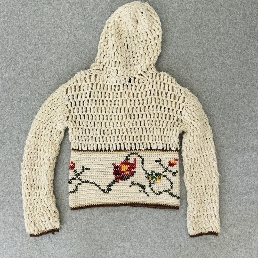 Free People Crochet Sweater Cream Floral Boho Zip Up Jacket Cardigan Hooded Wool - Picture 2 of 8